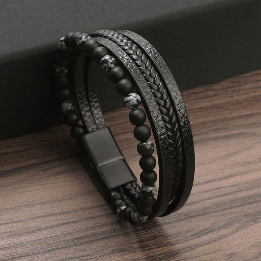 Bracelet empilable Olivenorma en cuir tressé multi-rangs et pierre naturelle - Obsidienne flocon de neige - 23 cm - image 9