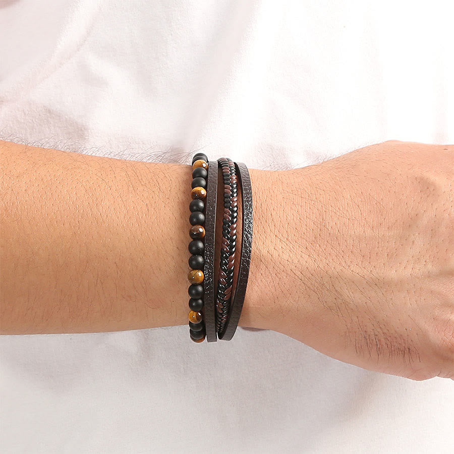 Bracelet empilable Olivenorma en cuir tressé multi-rangs et pierre naturelle - image 1