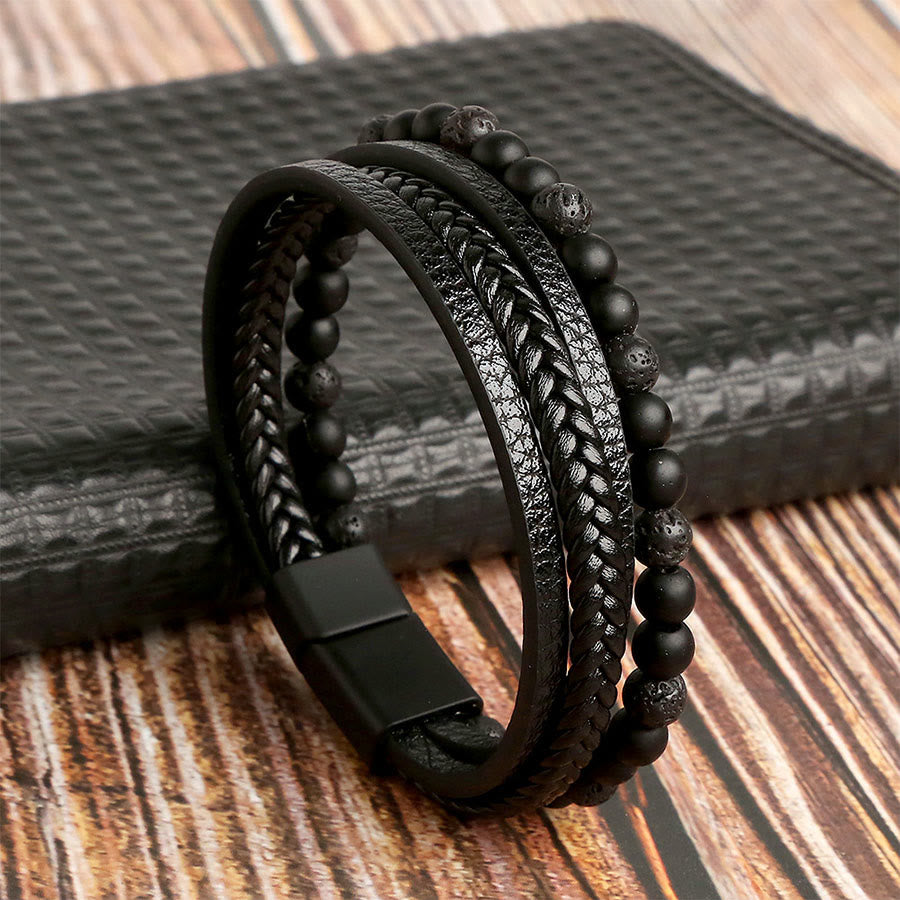 Bracelet empilable Olivenorma en cuir tressé multi-rangs et pierre naturelle - Pierre de lave - 23 cm - image 4