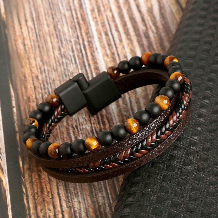 Bracelet empilable Olivenorma en cuir tressé multi-rangs et pierre naturelle - image 2