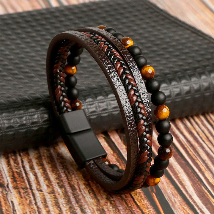Bracelet empilable Olivenorma en cuir tressé multi-rangs et pierre naturelle - Œil de tigre - 23 cm - image 0