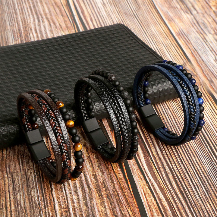 Bracelet empilable Olivenorma en cuir tressé multi-rangs et pierre naturelle - image 12