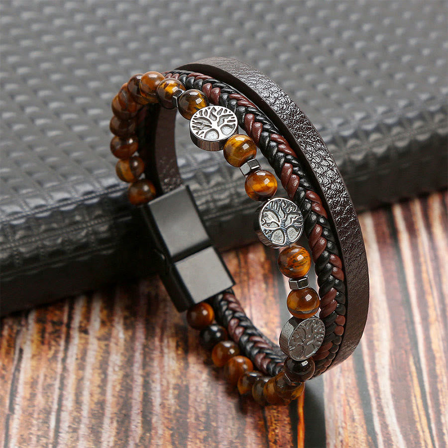 Bracelet Olivenorma style bohème en cuir tressé et perles à motifs de symboles naturels - Œil de tigre - 23 cm - image 0