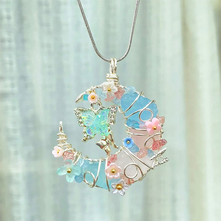 Olivenorma bleu aigue-marine quartz rose croissant de lune papillon floral - image 1