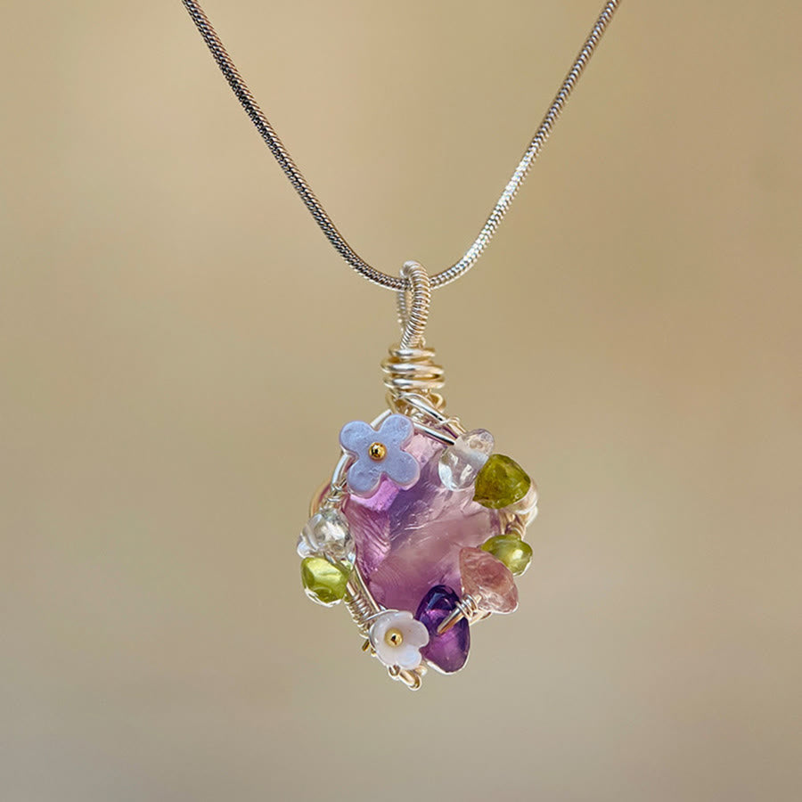Collier pendentif Olivenorma en pierre naturelle avec fleurs émaillées et péridot - Améthyste - image 6