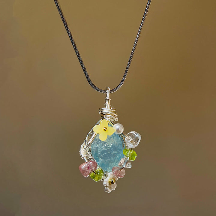 Collier pendentif Olivenorma en pierre naturelle avec fleurs émaillées et péridot - Bleu vert - image 3