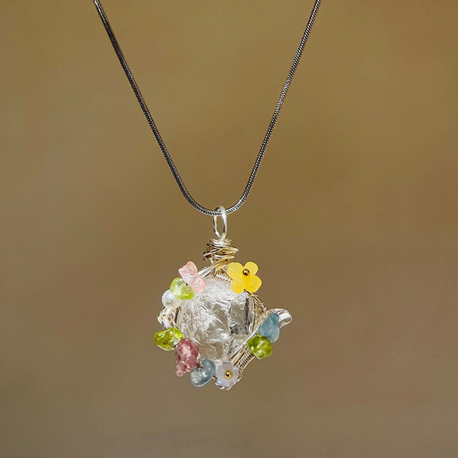 Collier pendentif Olivenorma en pierre naturelle avec fleurs émaillées et péridot - Quartz clair - image 12