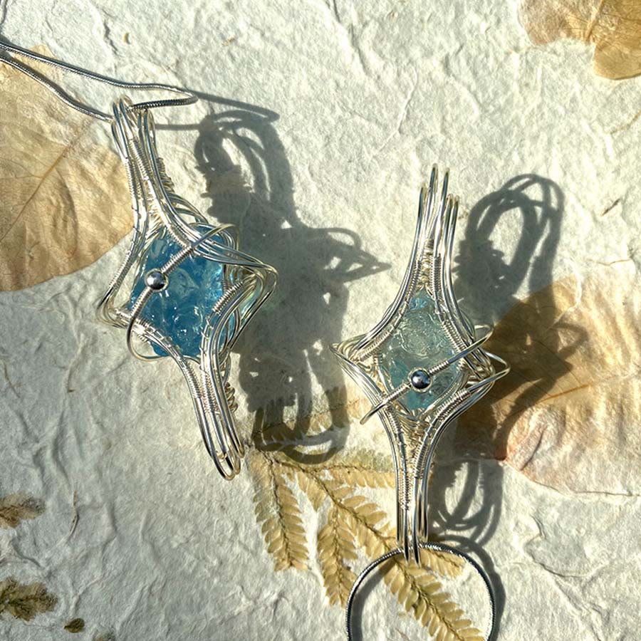 Collier Olivenorma à thème céleste en améthyste et aigue-marine, pierres naturelles enroulées de fil. - image 7