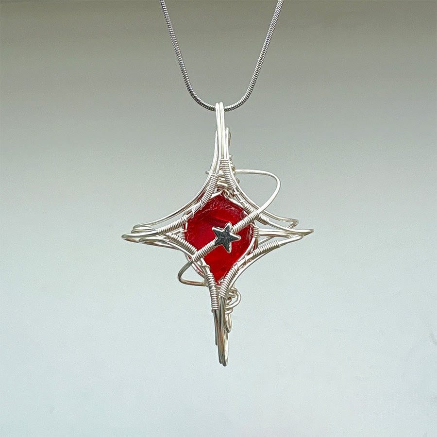 Collier Olivenorma à thème céleste en améthyste et aigue-marine, pierres naturelles enroulées de fil. - Verre rouge et pentagramme - image 15