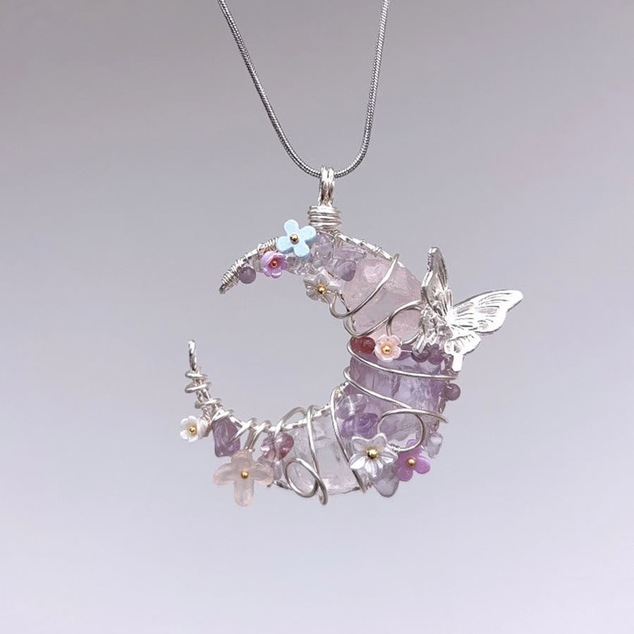 Collier Olivenorma fait main en fil de fer, en quartz rose et aigue-marine, avec motif papillon et croissant de lune. - Améthyste - image 5