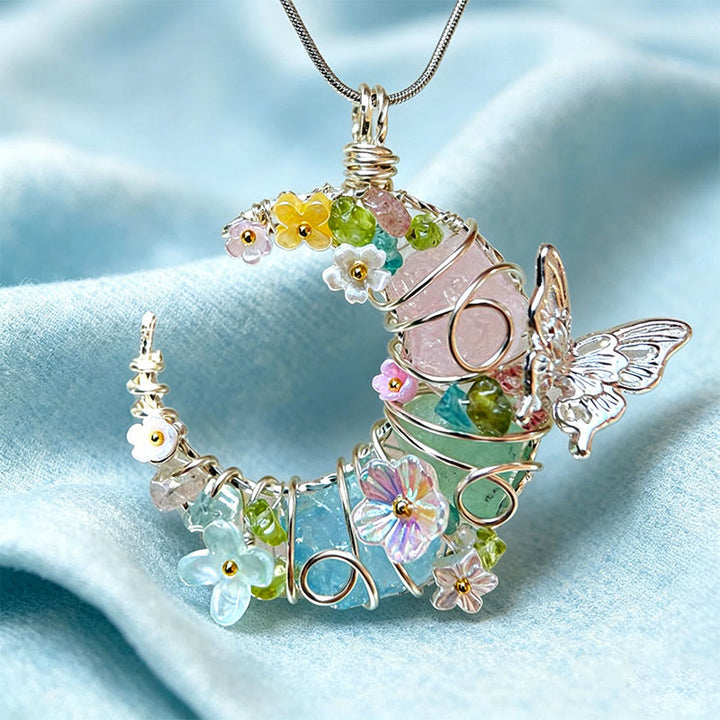 Collier Olivenorma fait main en fil de fer, en quartz rose et aigue-marine, avec motif papillon et croissant de lune. - image 1
