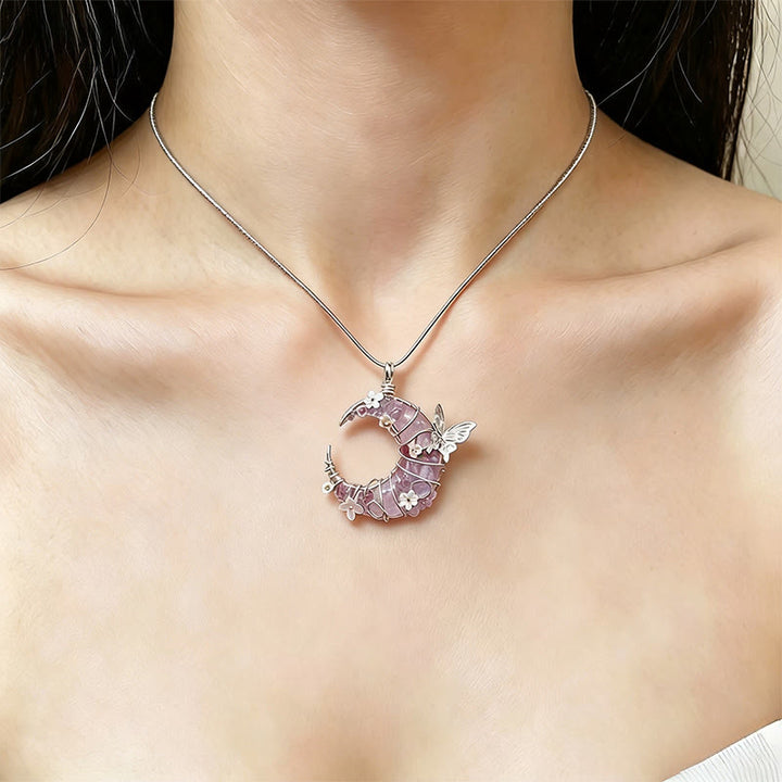Collier Olivenorma fait main en fil de fer, en quartz rose et aigue-marine, avec motif papillon et croissant de lune. - image 7