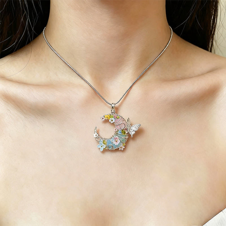 Collier Olivenorma fait main en fil de fer, en quartz rose et aigue-marine, avec motif papillon et croissant de lune. - image 2