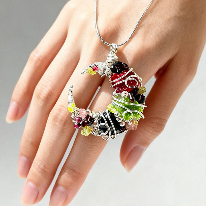 Collier Olivenorma fantaisie en obsidienne et verre mélangé en forme de croissant de lune, monté sur fil métallique - image 1