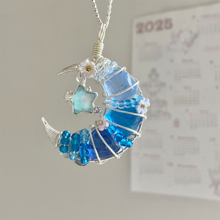 Collier en argent avec pendentif croissant de lune Olivenorma Raw Olivenorma orné d'étoiles et de fleurs - Bleu vert - image 3