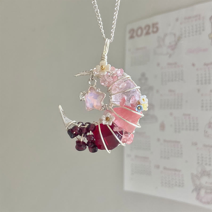 Collier en argent avec pendentif croissant de lune Olivenorma Raw Olivenorma orné d'étoiles et de fleurs - Quartz rose - image 1