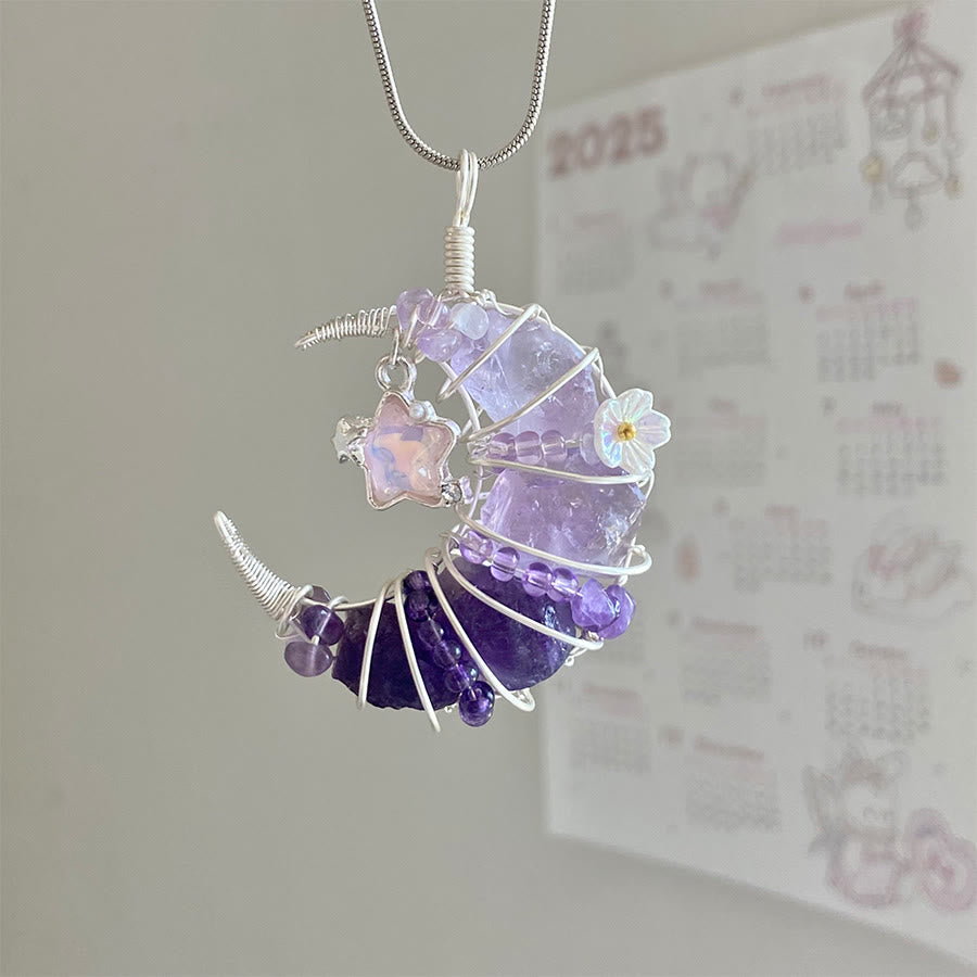 Collier en argent avec pendentif croissant de lune Olivenorma Raw Olivenorma orné d'étoiles et de fleurs - Améthyste et Lune étoilée - image 8