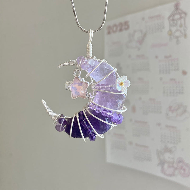 Collier en argent avec pendentif croissant de lune Olivenorma Raw Olivenorma orné d'étoiles et de fleurs - Améthyste et Lune étoilée - image 8