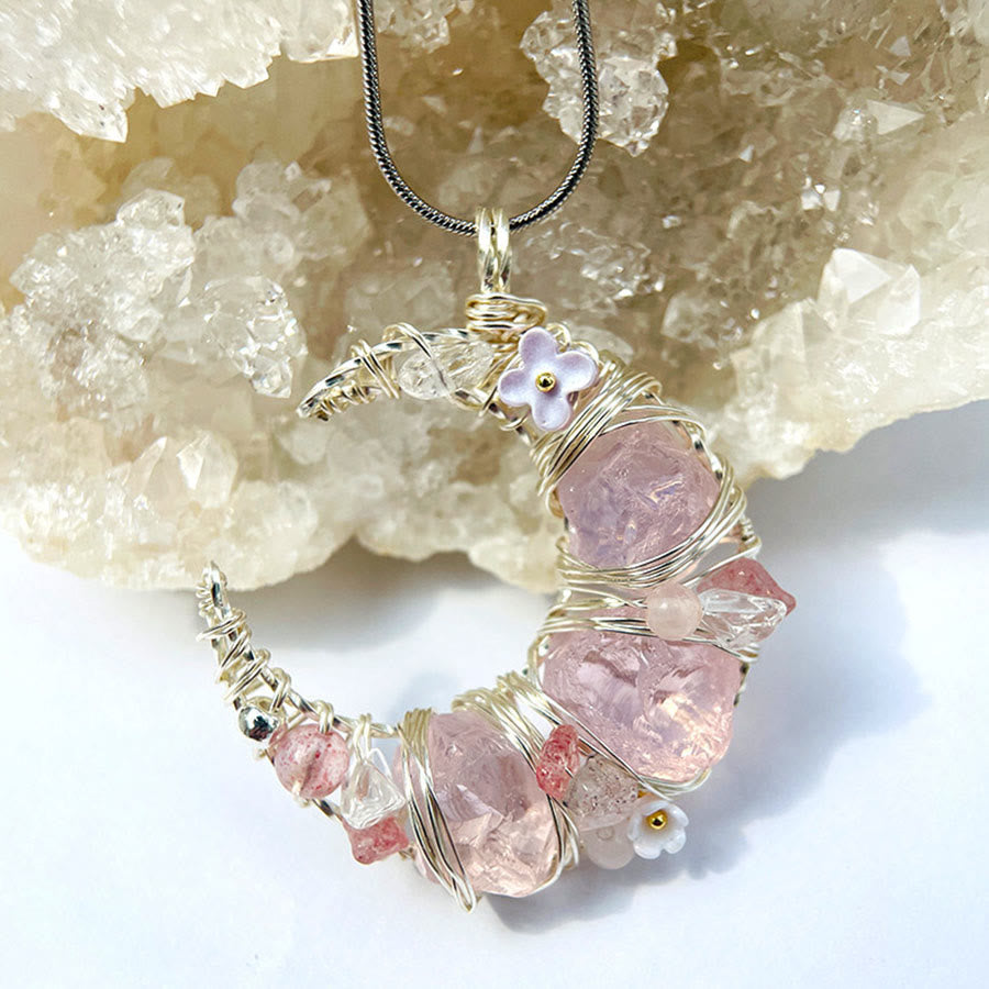Collier Olivenorma en pierre naturelle avec pendentif croissant de lune pastel fantaisiste et fleurs - image 1