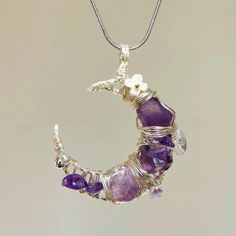 Collier Olivenorma en pierre naturelle avec pendentif croissant de lune pastel fantaisiste et fleurs - Améthyste - image 2