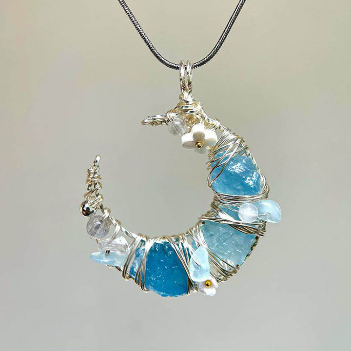 Collier Olivenorma en pierre naturelle avec pendentif croissant de lune pastel fantaisiste et fleurs - Bleu vert - image 8