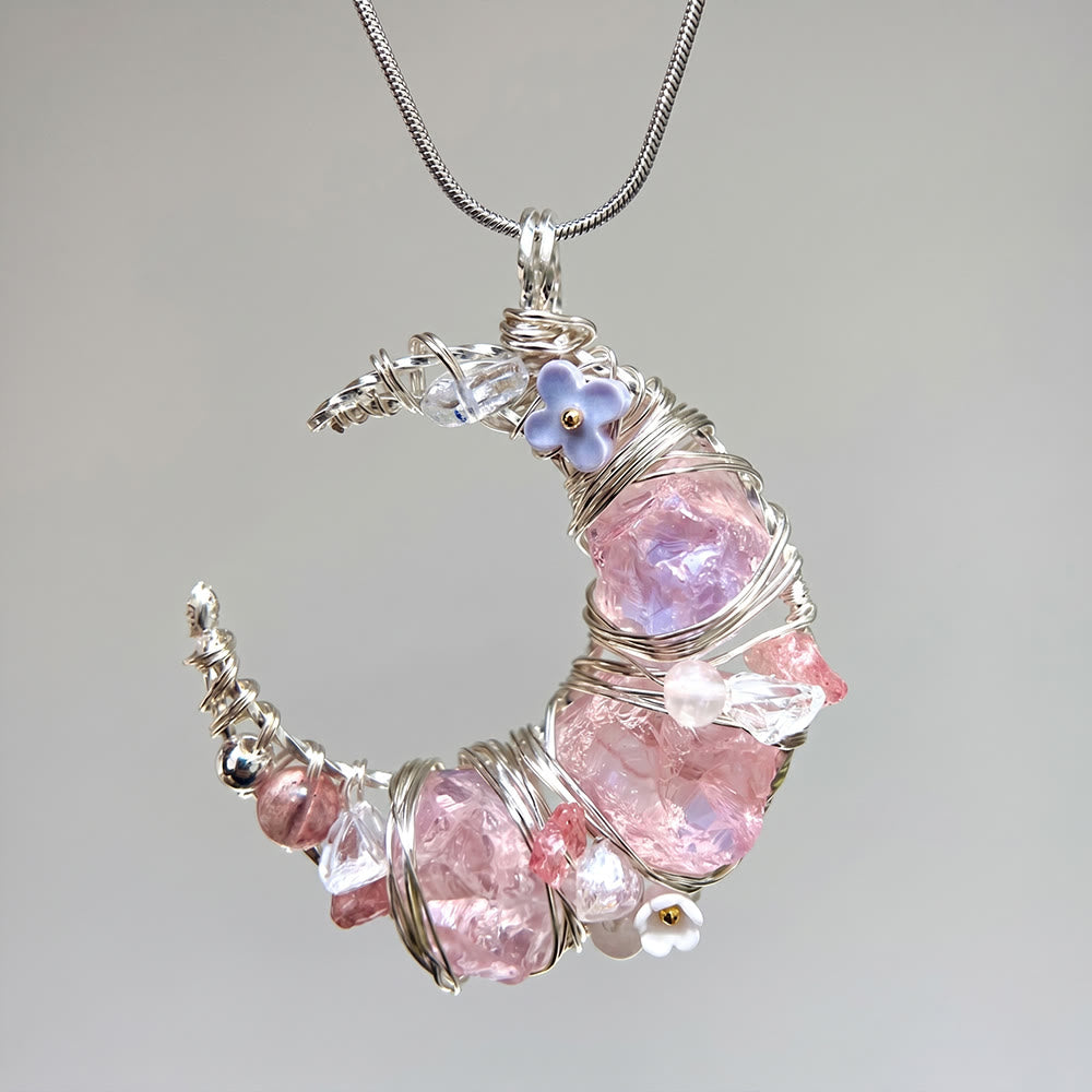 Collier Olivenorma en pierre naturelle avec pendentif croissant de lune pastel fantaisiste et fleurs - Verre rose - image 0