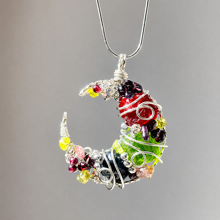 Collier Olivenorma fantaisie en obsidienne et verre mélangé en forme de croissant de lune, monté sur fil métallique - Obsidienne et verre mélangé - image 0