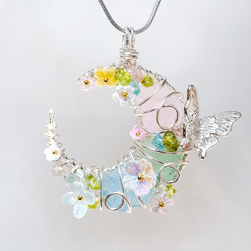 Collier Olivenorma fait main en fil de fer, en quartz rose et aigue-marine, avec motif papillon et croissant de lune. - Bleu vert - image 0