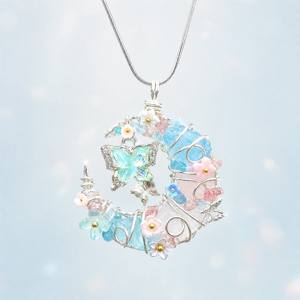 Olivenorma bleu aigue-marine quartz rose croissant de lune papillon floral - Aigue-marine, quartz rose et quartz clair - image 0