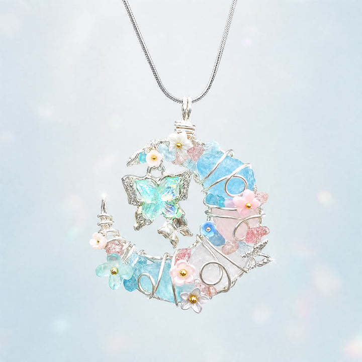 Olivenorma bleu aigue-marine quartz rose croissant de lune papillon floral - Aigue-marine, quartz rose et quartz clair - image 0