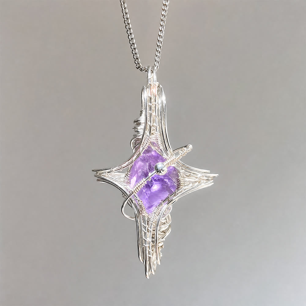 Collier Olivenorma à thème céleste en améthyste et aigue-marine, pierres naturelles enroulées de fil. - image 3