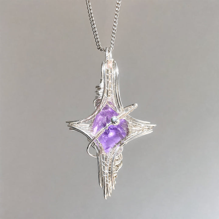 Collier Olivenorma à thème céleste en améthyste et aigue-marine, pierres naturelles enroulées de fil. - image 3