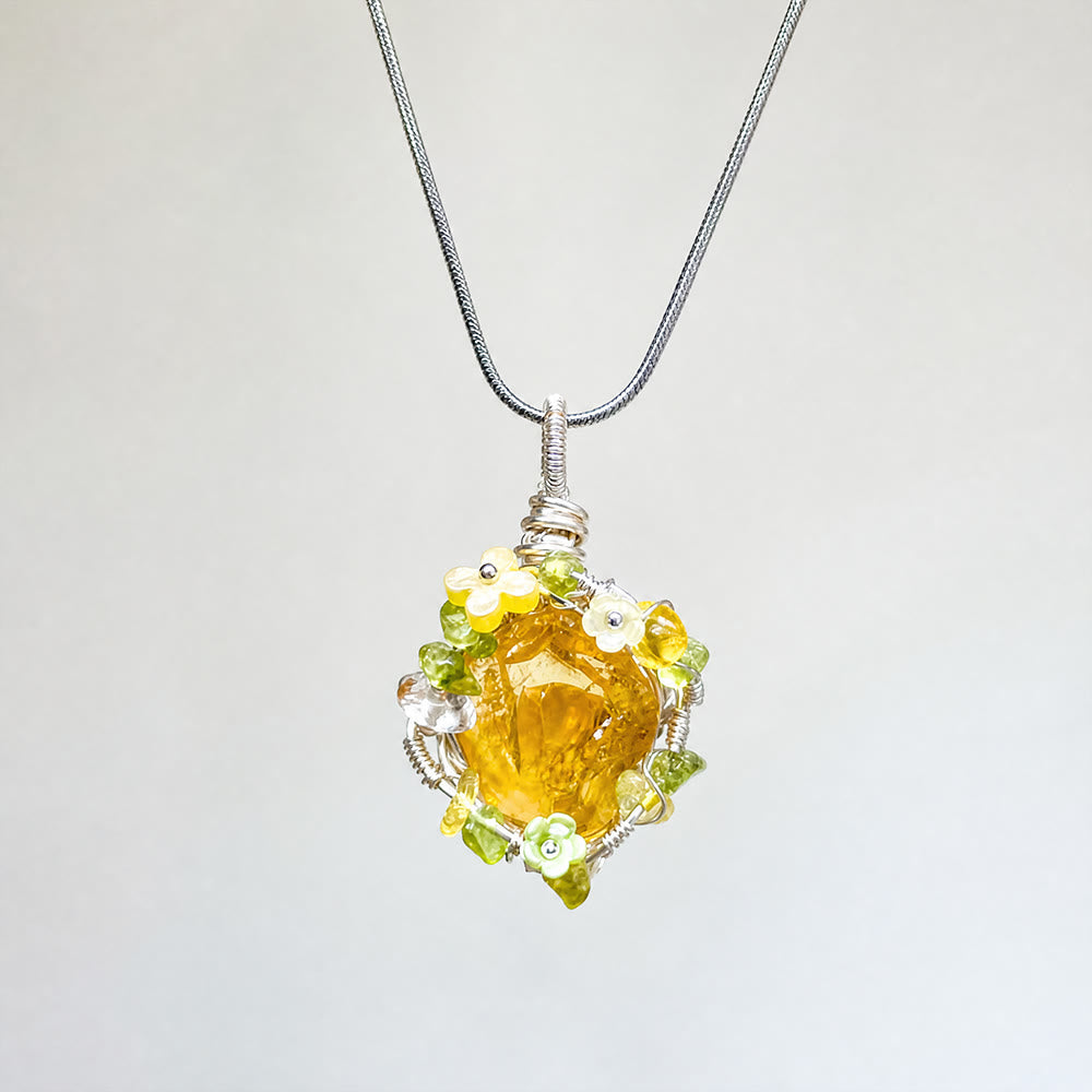 Collier pendentif Olivenorma en pierre naturelle avec fleurs émaillées et péridot - Citrine - image 0