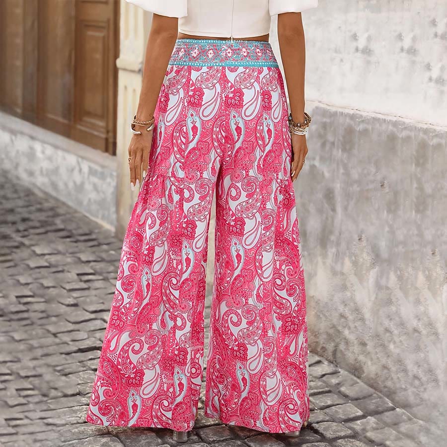 Pantalon Olivenorma Boho à imprimé cachemire, taille haute et jambes larges pour femme - Rose - XL - image 0