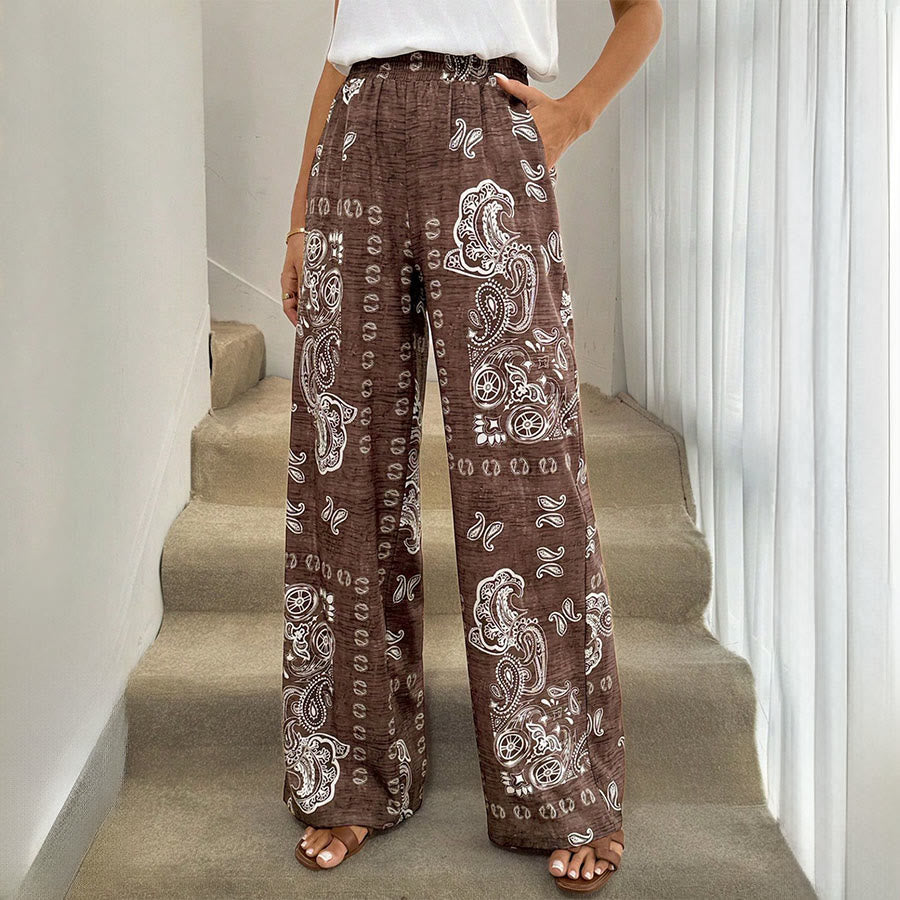 Pantalon Olivenorma rétro à imprimé cachemire bandana, taille haute élastique et jambes larges pour femme - Brun - XL - image 0