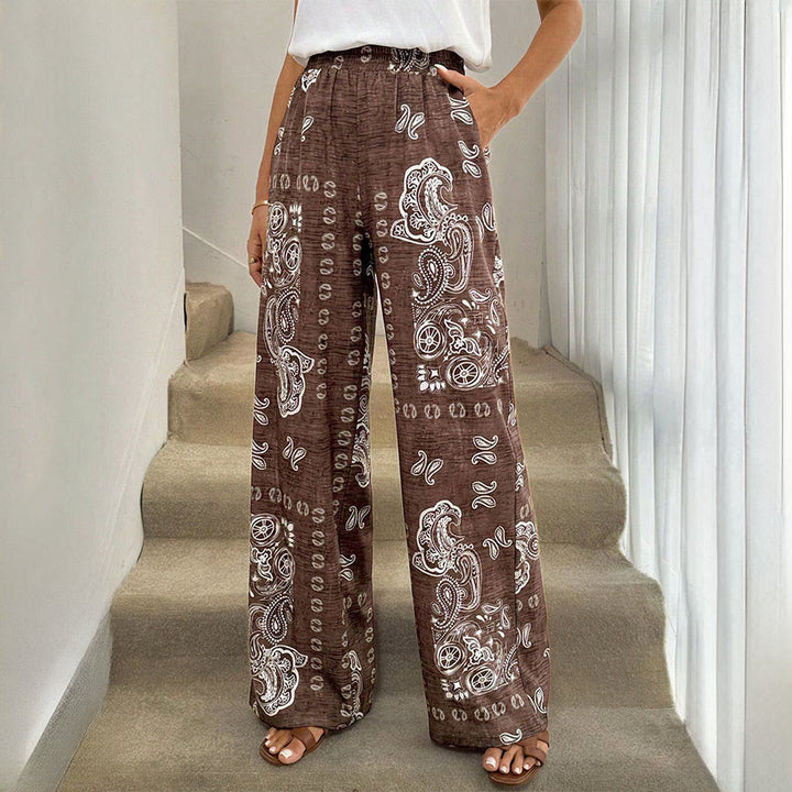 Pantalon Olivenorma rétro à imprimé cachemire bandana, taille haute élastique et jambes larges pour femme - Brun - XL - image 0