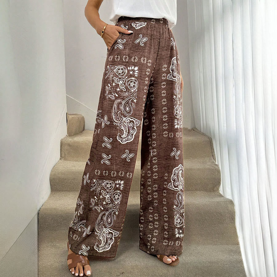 Pantalon Olivenorma rétro à imprimé cachemire bandana, taille haute élastique et jambes larges pour femme - image 3