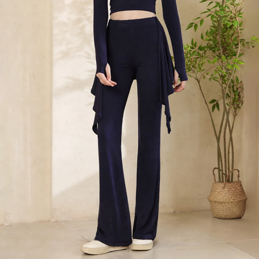 Pantalon de yoga Olivenorma pour femme, taille haute évasée, coupe asymétrique et ceinture nouée - image 3