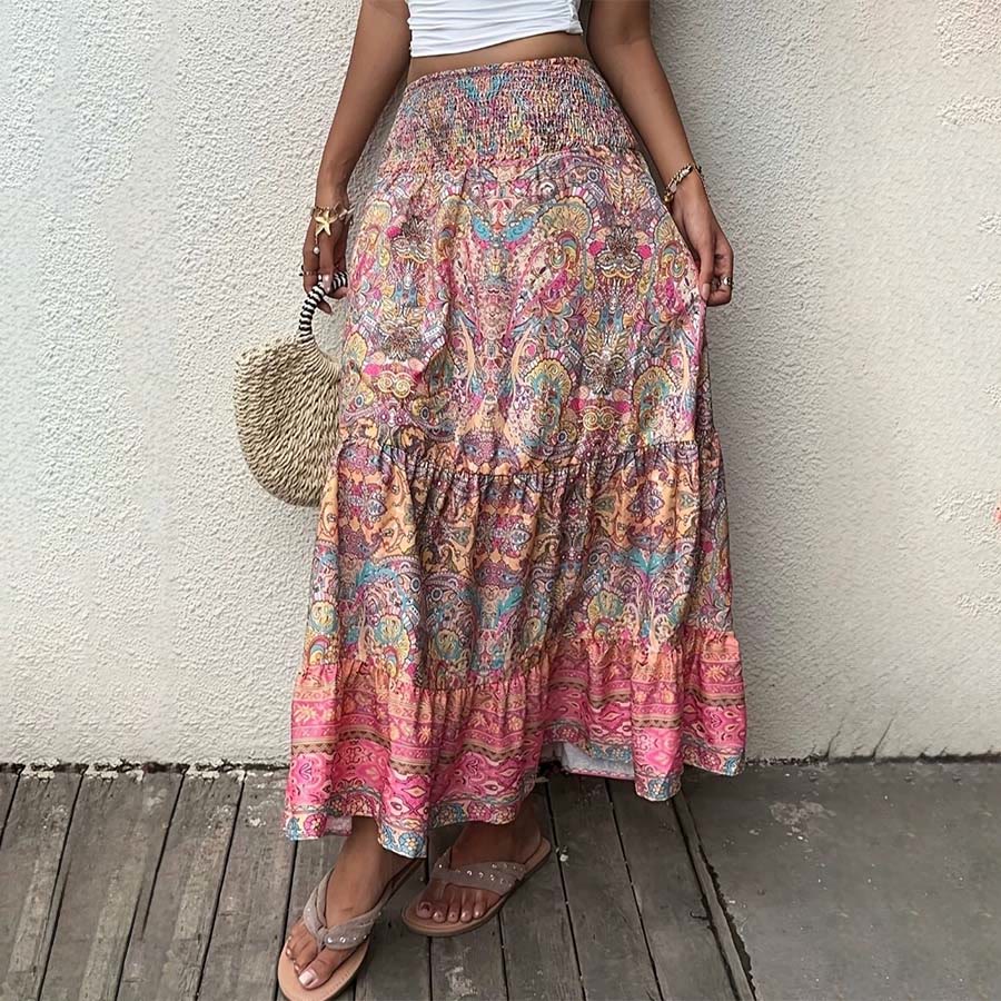 Robe longue Olivenorma bohème à imprimé cachemire, taille haute smockée et à volants pour femme - Rose - XL - image 0