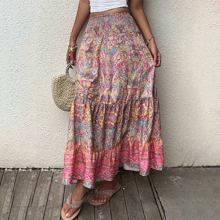 Robe longue Olivenorma bohème à imprimé cachemire, taille haute smockée et à volants pour femme - Rose - XL - image 0