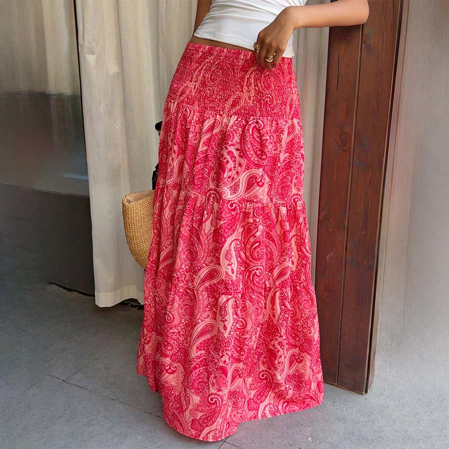Robe longue à volants taille haute à imprimé cachemire Olivenorma Resort pour femme - Rouge - XL - image 9