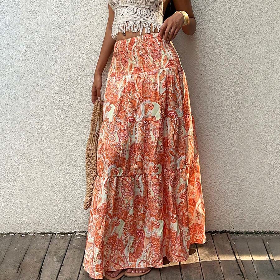 Robe longue à volants taille haute à imprimé cachemire Olivenorma Resort pour femme - Orange - XL - image 19