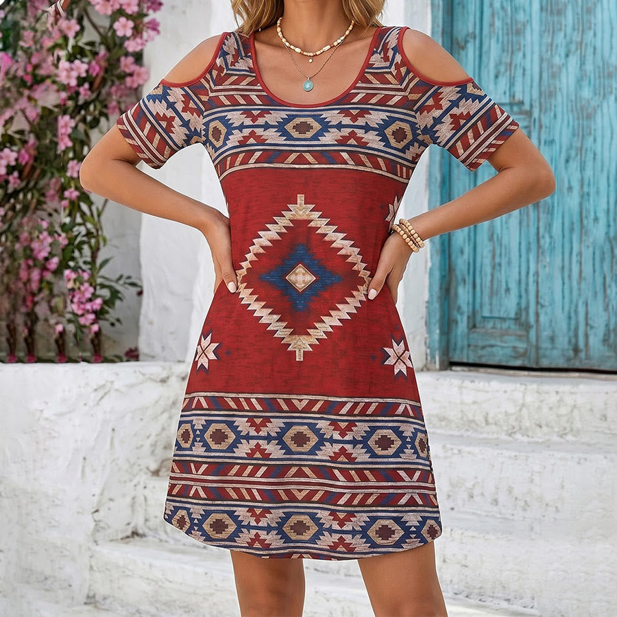 Robe Olivenorma à imprimé géométrique tribal et épaules dénudées, manches courtes, pour femme - image 2