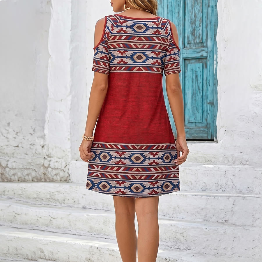 Robe Olivenorma à imprimé géométrique tribal et épaules dénudées, manches courtes, pour femme - image 4
