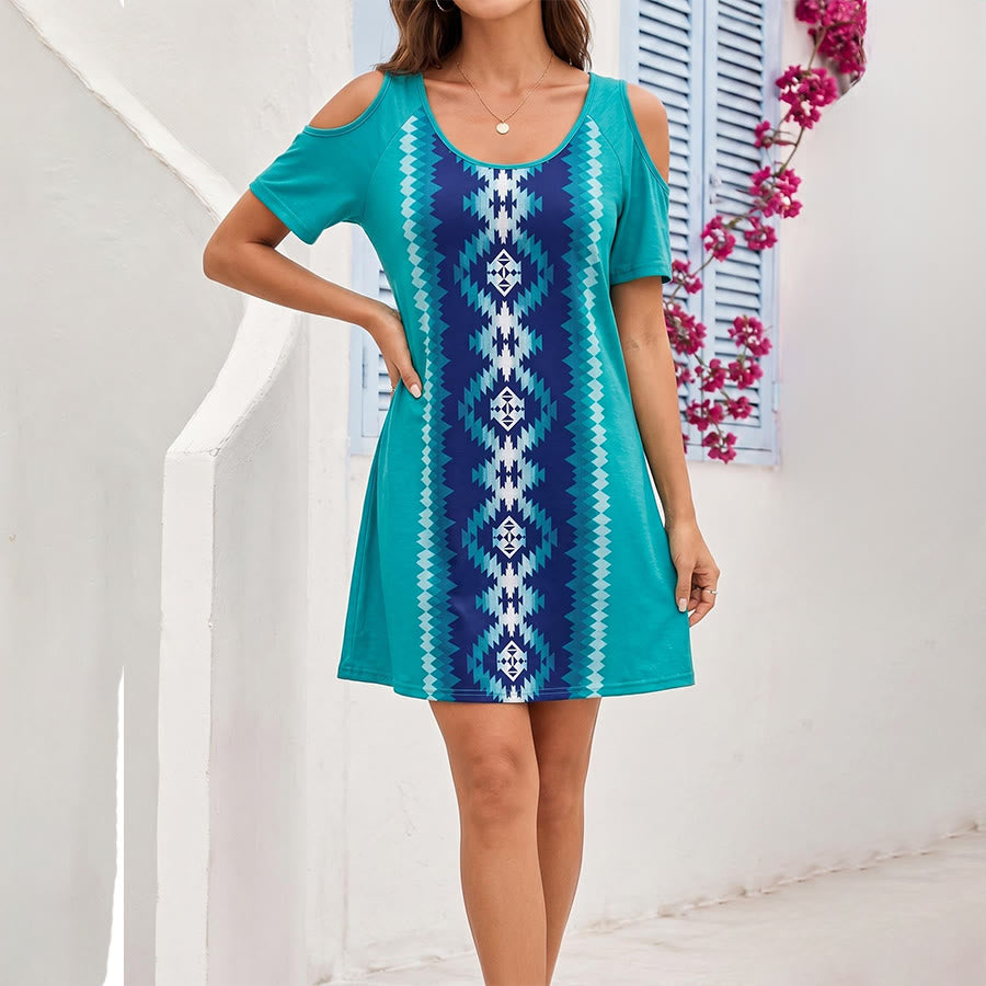 Robe Olivenorma à imprimé géométrique tribal dégradé, épaules dénudées et manches courtes pour femme - image 1