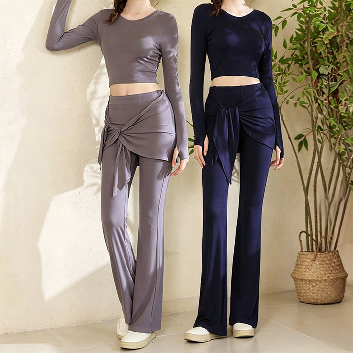 Pantalon de yoga Olivenorma pour femme, taille haute évasée, coupe asymétrique et ceinture nouée - image 10