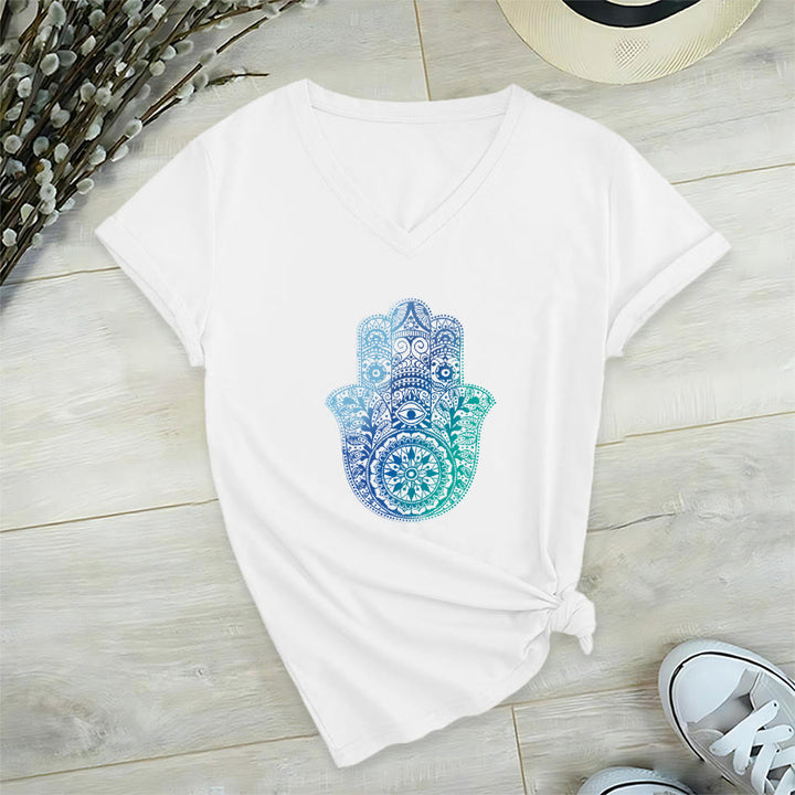 T-shirt de yoga à col en V Olivenorma avec imprimé mandala main Hamsa dégradé - Blanc - 2XL - image 0