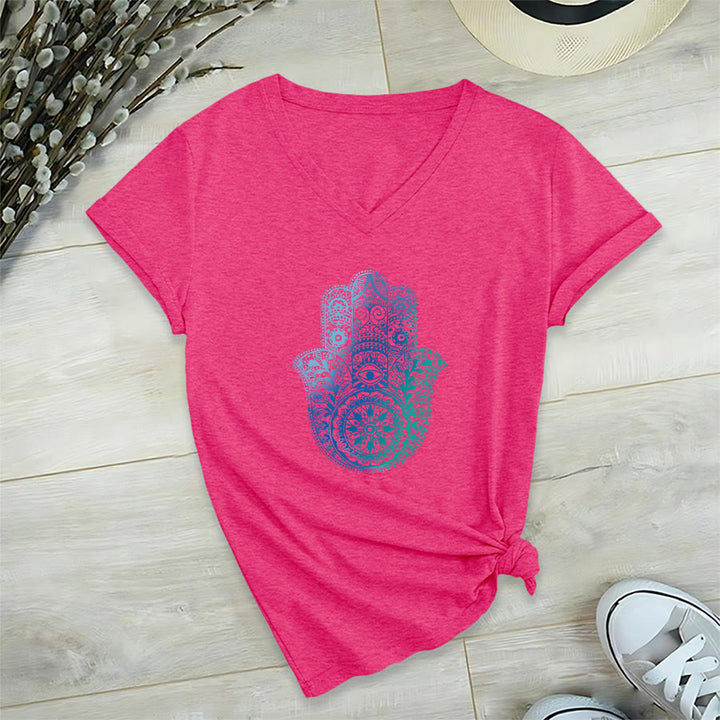 T-shirt de yoga à col en V Olivenorma avec imprimé mandala main Hamsa dégradé - Rose rouge - 2XL - image 33