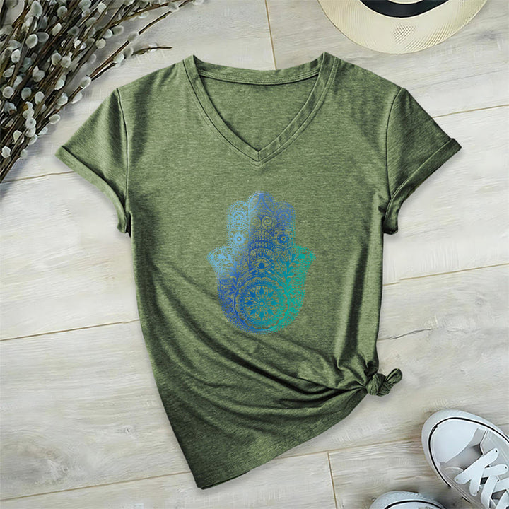 T-shirt de yoga à col en V Olivenorma avec imprimé mandala main Hamsa dégradé - Vert olive - 2XL - image 24