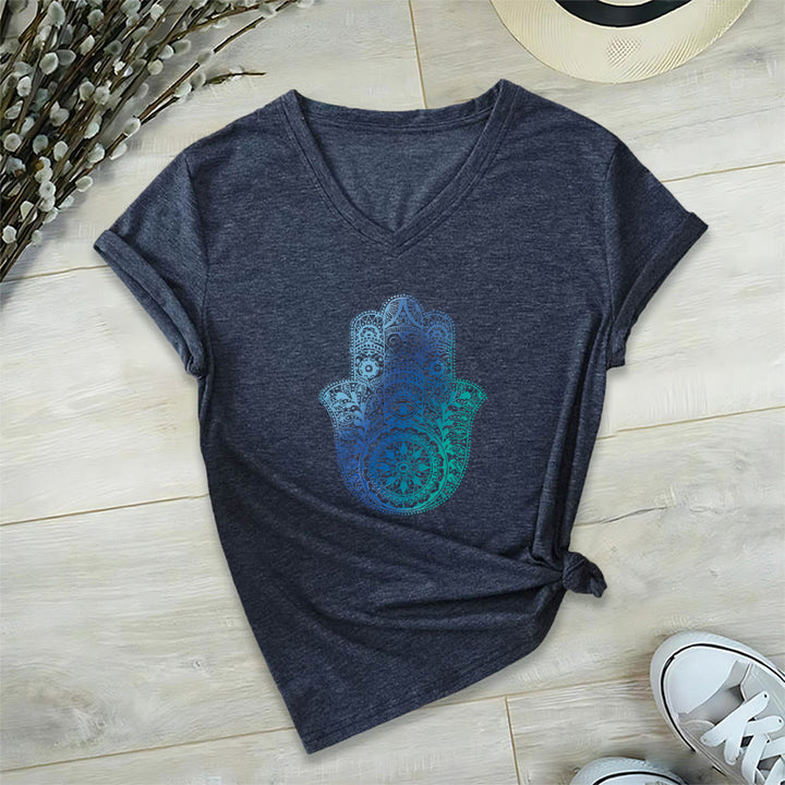 T-shirt de yoga à col en V Olivenorma avec imprimé mandala main Hamsa dégradé - Bleu marine - 2XL - image 18